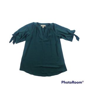 Michael Kors teal retro style casual/dressy blouse with tied sleeves EUC